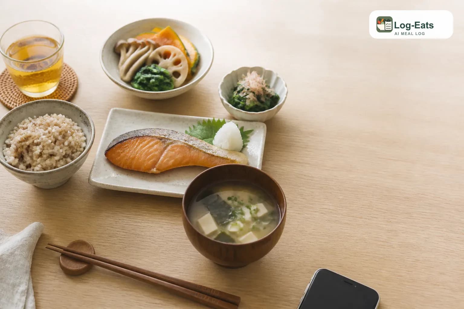 Log-Eatsの公式ロゴとブランド表記が入った、焼き鮭、玄米、味噌汁、野菜のおかずが並ぶ和食の食卓