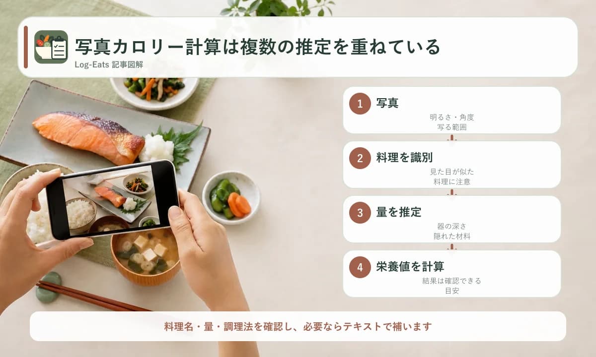 写真、料理識別、量推定、栄養値計算の4工程と、各工程で誤差が生じる要因を示した図