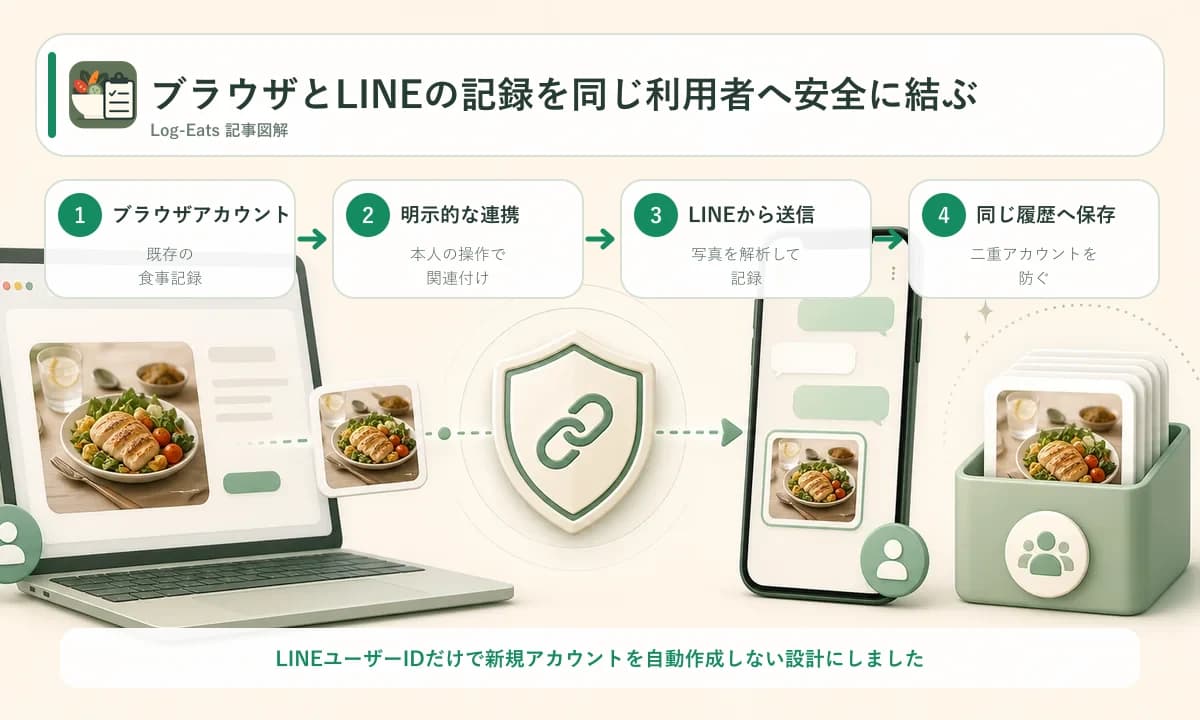 ブラウザアカウントを明示的にLINEと連携し、LINEからの食事記録を同じ履歴へ保存する流れを示した図