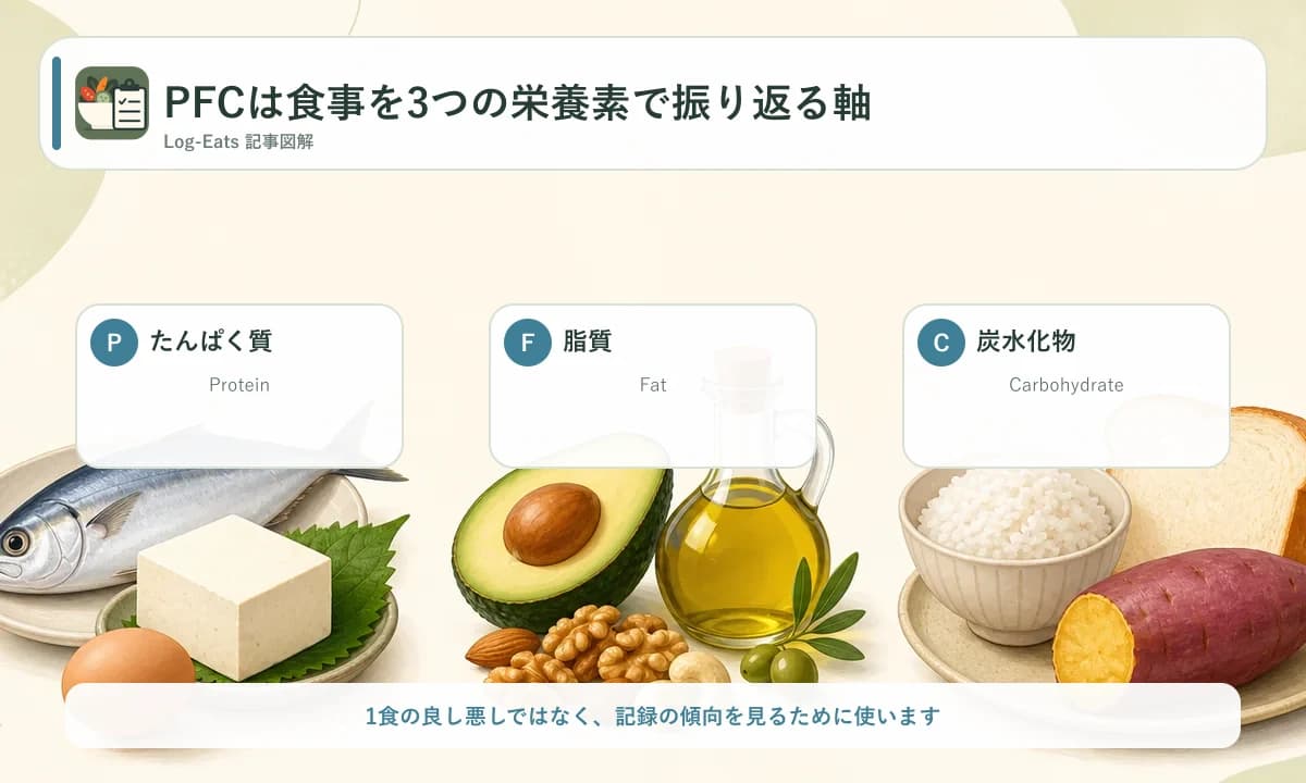 Pはたんぱく質、Fは脂質、Cは炭水化物を表すことを3列で示した図