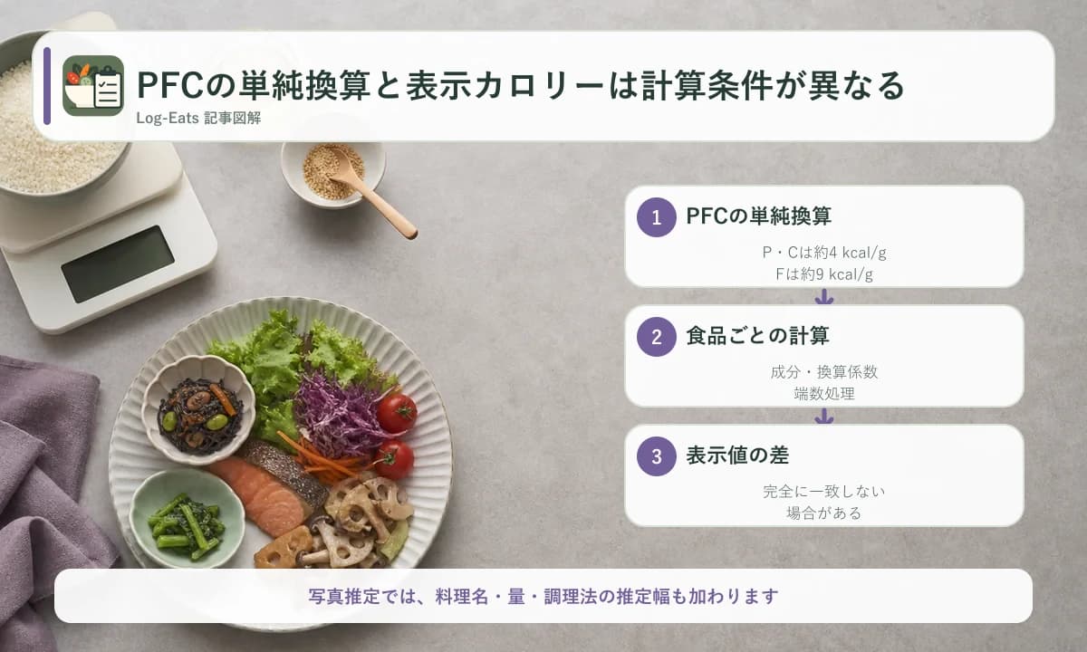 PFCの単純換算、食品ごとの成分と換算係数による計算、表示値の差という3段階を示した図
