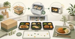 宅配の受け取りから冷凍保存、電子レンジ調理までを示す冷凍弁当の図解