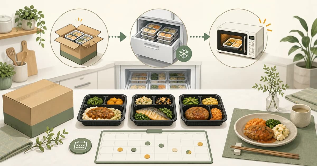 宅配の受け取りから冷凍保存、電子レンジ調理までを示す冷凍弁当の図解