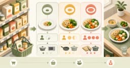 食品棚から一食分の量と調理方法を比較するカロリー管理食品の図解