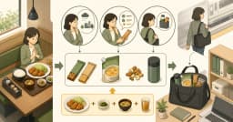 外食の内容を確認して持ち運べる補助食品を組み合わせる場面の図解