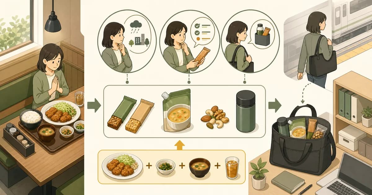 外食の内容を確認して持ち運べる補助食品を組み合わせる場面の図解