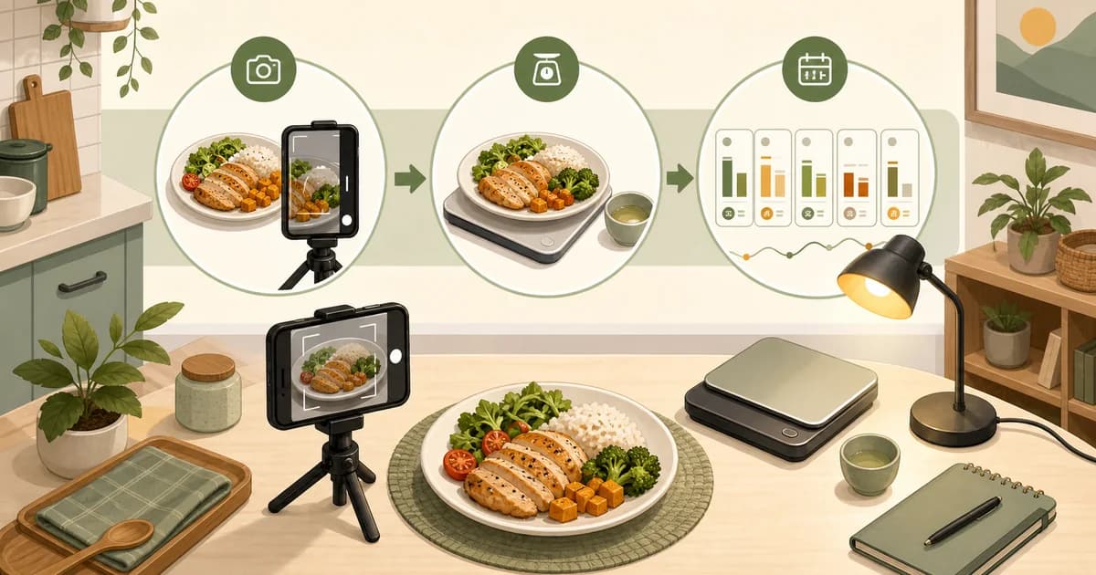 スマホ用ミニ三脚・食事・キッチンスケールで記録する流れの図解