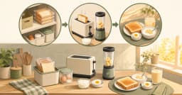 保存したパンや卵を小型家電で準備する時短朝食の流れを示す図解