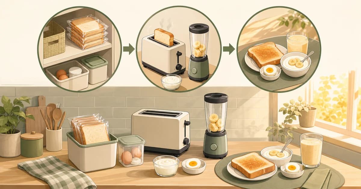 保存したパンや卵を小型家電で準備する時短朝食の流れを示す図解
