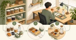 在宅勤務のデスクで間食を小分けし飲み物と組み合わせる流れの図解