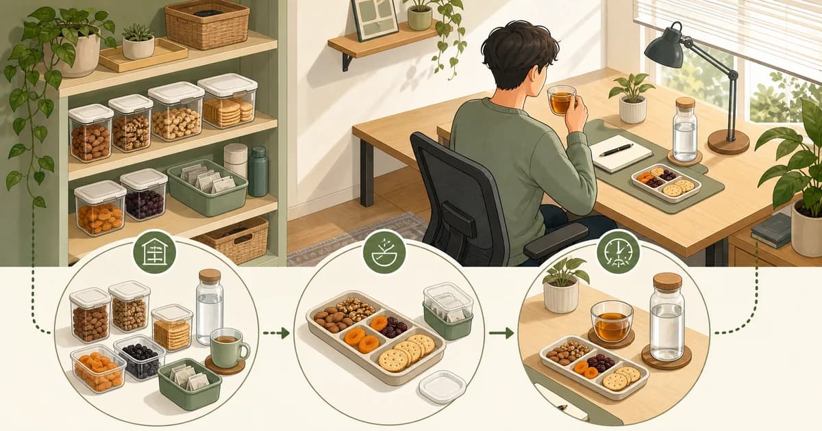 在宅勤務のデスクで間食を小分けし飲み物と組み合わせる流れの図解